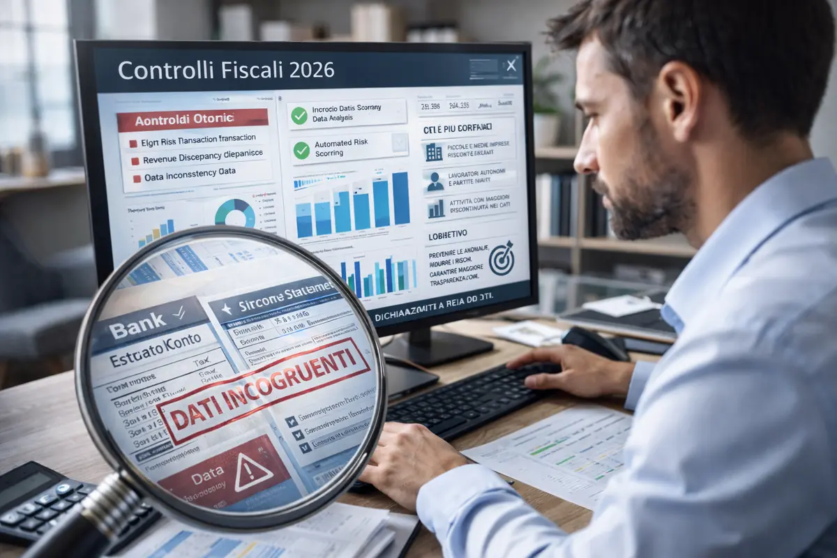 Commercialista analizza dati fiscali incongruenti su monitor durante controlli automatici 2026