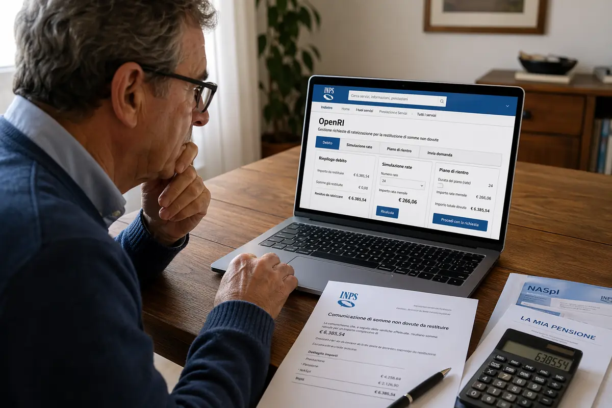 Utente consulta il servizio OpenRI dell’INPS sul computer per chiedere la rateazione di somme percepite indebitamente