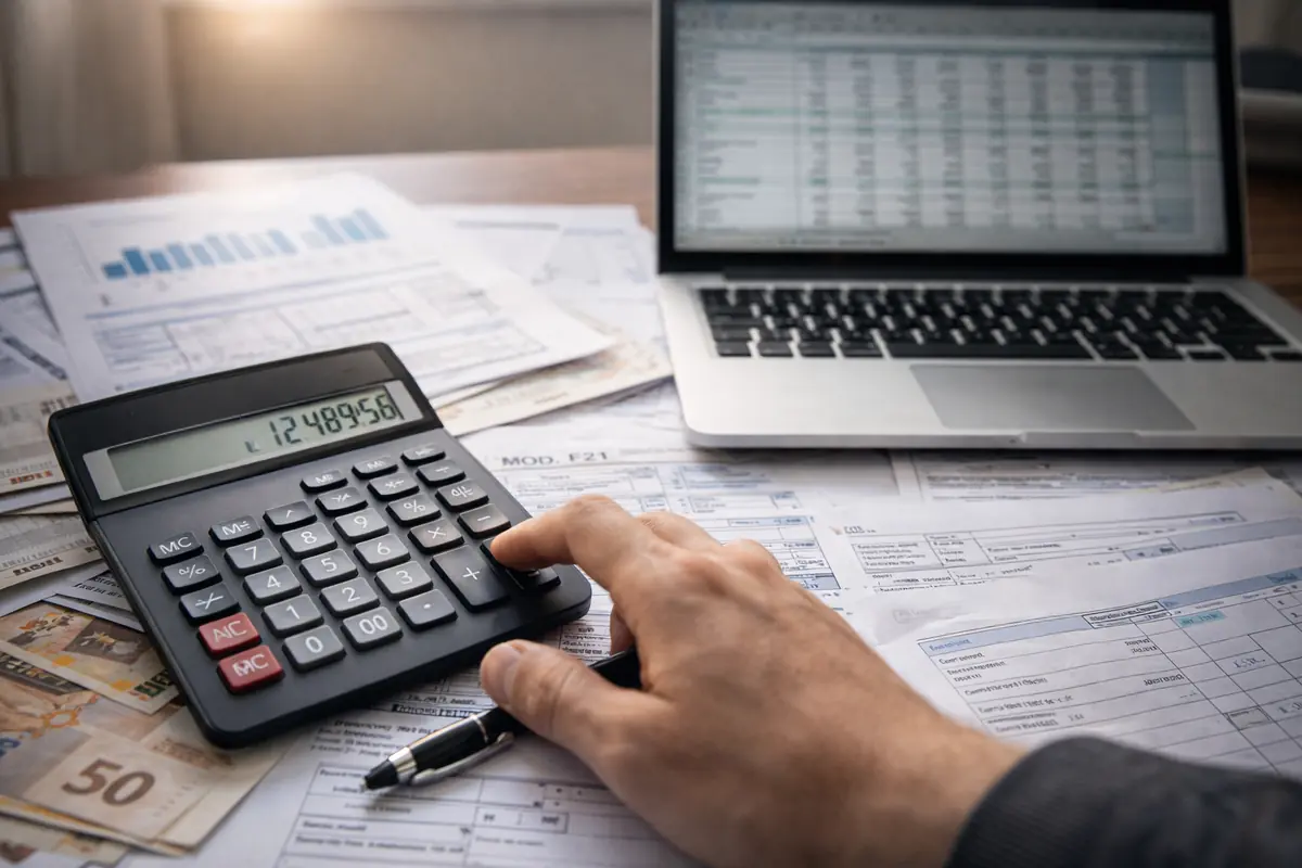 commercialista al lavoro con calcolatrice e documenti fiscali su regime forfettario 2026