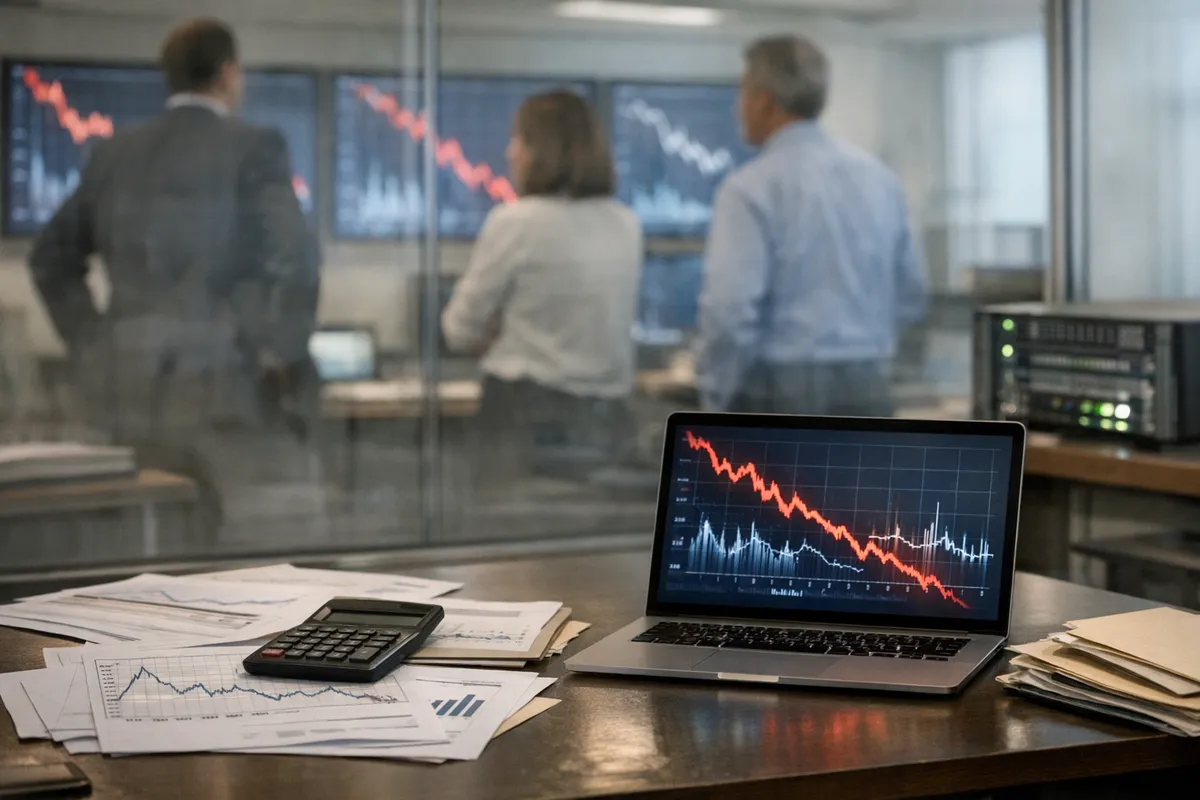 Laptop con grafico in forte calo su una scrivania con documenti e calcolatrice, analisti sfocati sullo sfondo