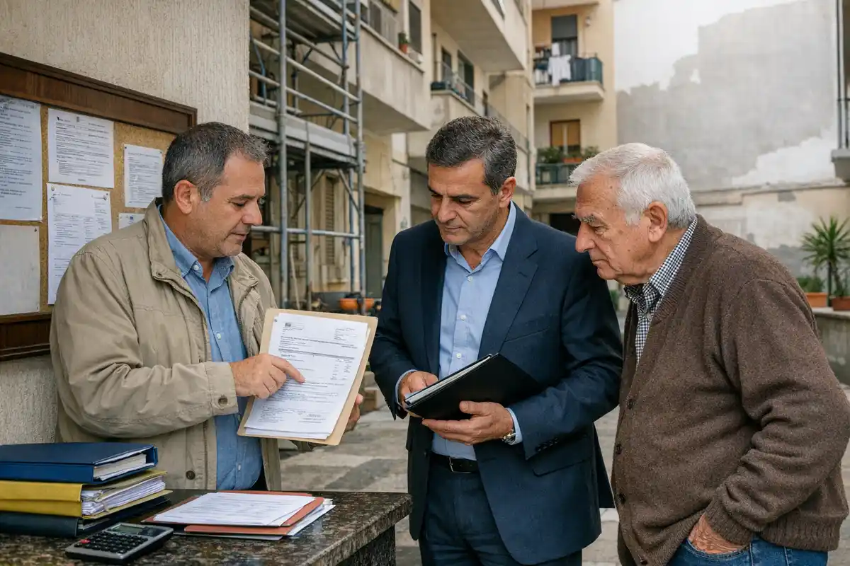 Amministratore condominiale mostra documenti di spesa a un uomo in giacca e a un anziano nel cortile di un condominio