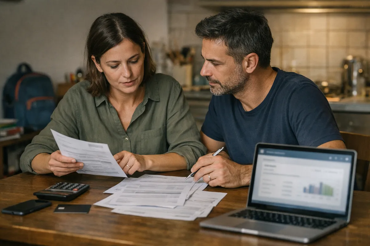 Coppia al tavolo di cucina che controlla bollette e spese con calcolatrice, carte e laptop aperto sul home banking