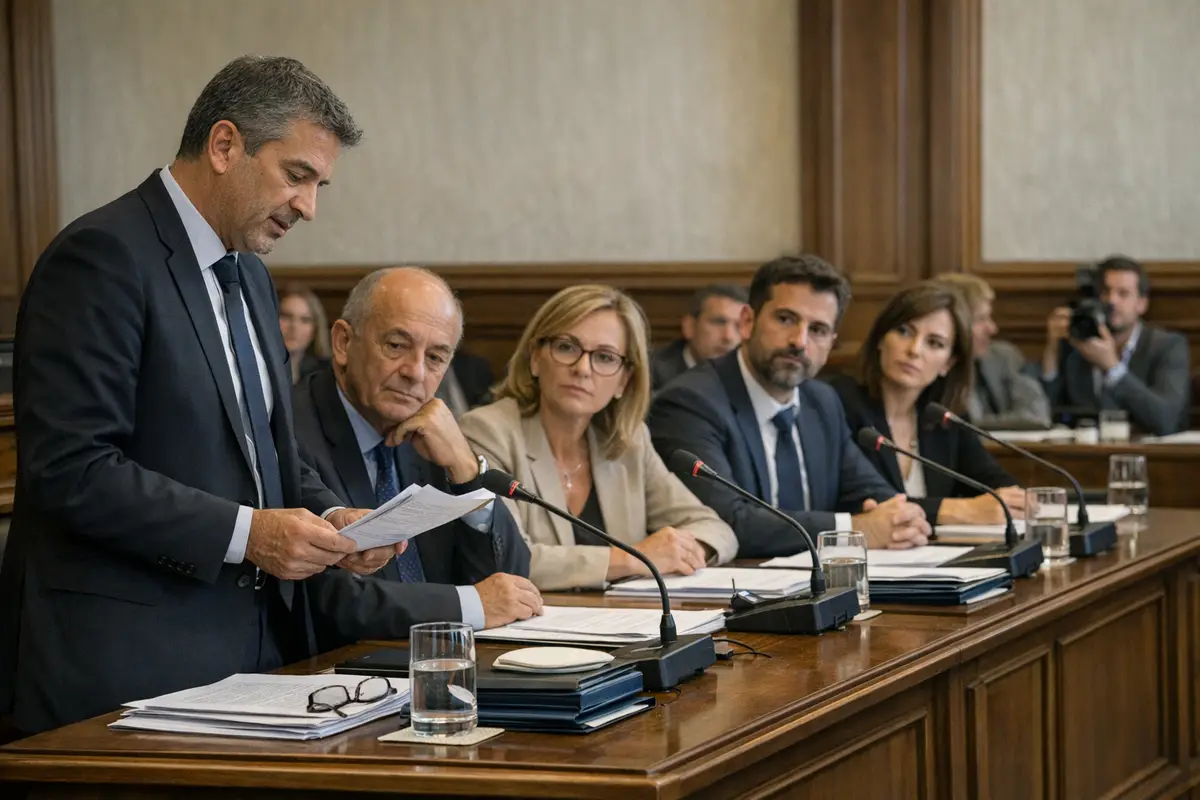 Relatore in giacca e cravatta legge documenti durante una conferenza, con panel e microfoni su un tavolo istituzionale