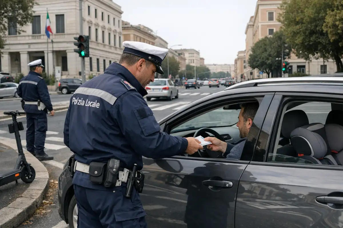 Agente della Polizia Locale controlla i documenti a un automobilista fermo in città, con seggiolino per bambini sul sedile