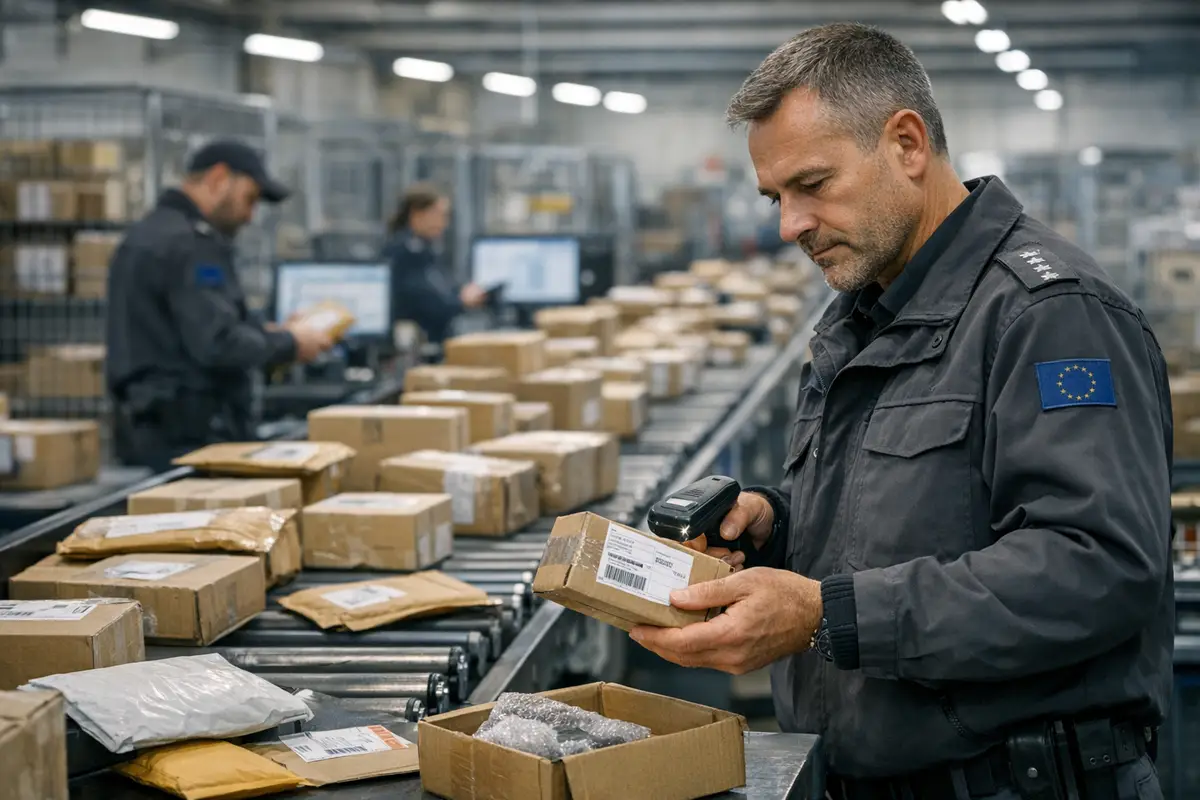 Doganiere con patch Ue scansiona un piccolo pacco su nastro trasportatore pieno di mini colli in un hub logistico