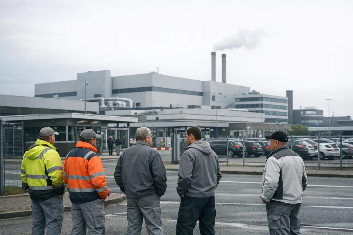 Operai davanti ai cancelli di un grande stabilimento industriale in una giornata grigia