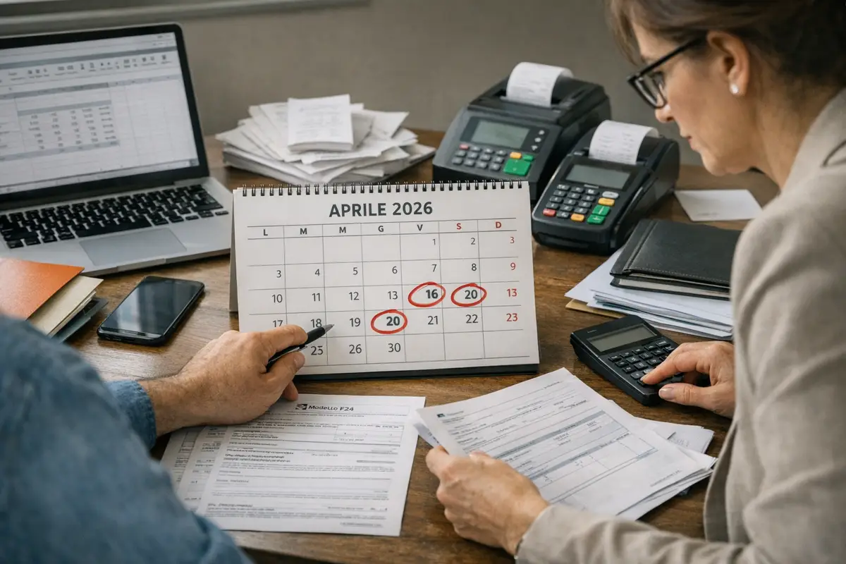 Scrivania con calendario Aprile 2026 cerchiato, moduli F24, laptop con foglio di calcolo, POS e calcolatrice