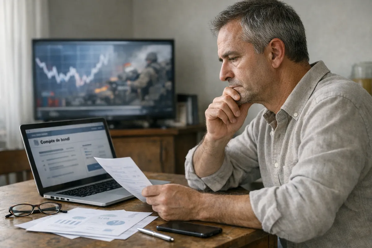 Risparmiatore seduto al tavolo consulta documenti e laptop su investimenti, con grafico di mercato su TV sfocata sullo sfondo