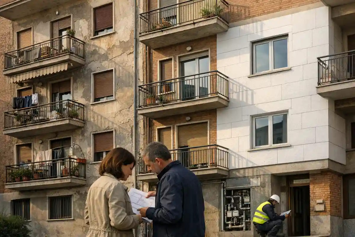 Facciata di condominio anni ’60 con intonaco deteriorato e porzione riqualificata; due persone guardano planimetrie