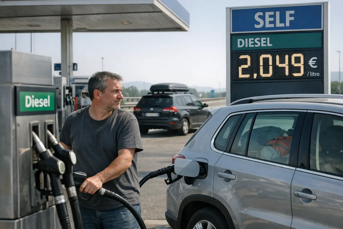 Automobilista fa rifornimento di gasolio al self in autostrada con tabellone prezzo a 2,049 €/litro