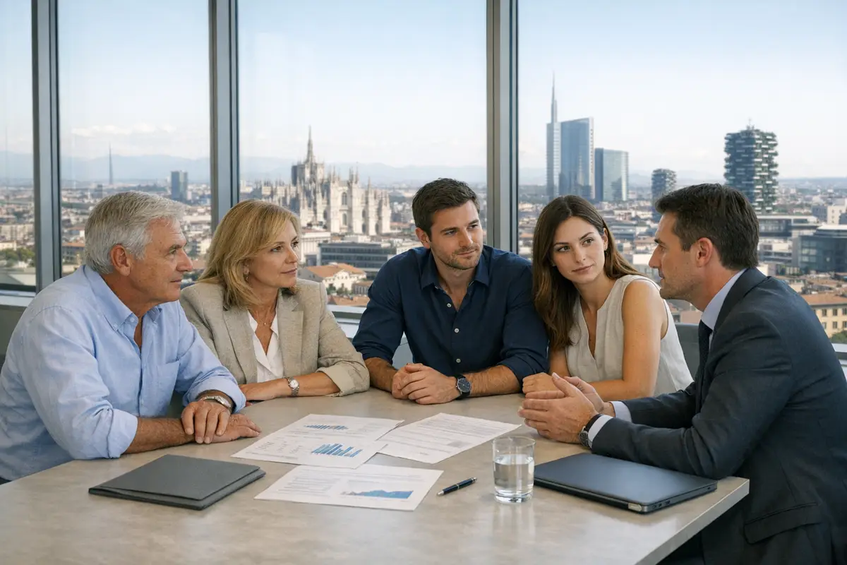 Famiglia e consulente finanziario in riunione davanti alle finestre con skyline di Milano e Duomo sullo sfondo