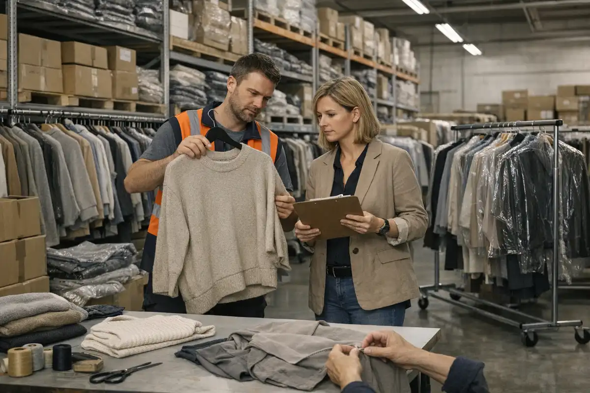 Addetti controllano un maglione in un magazzino di moda pieno di capi appesi, scatole e tessuti piegati