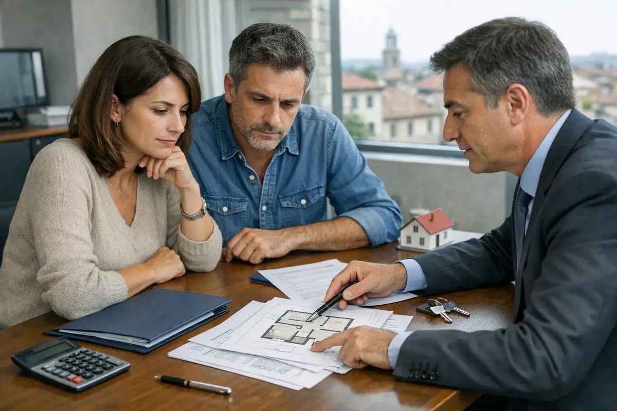 Coppia in banca con consulente che indica documenti e planimetria del mutuo, con chiavi e modellino di casa sul tavolo