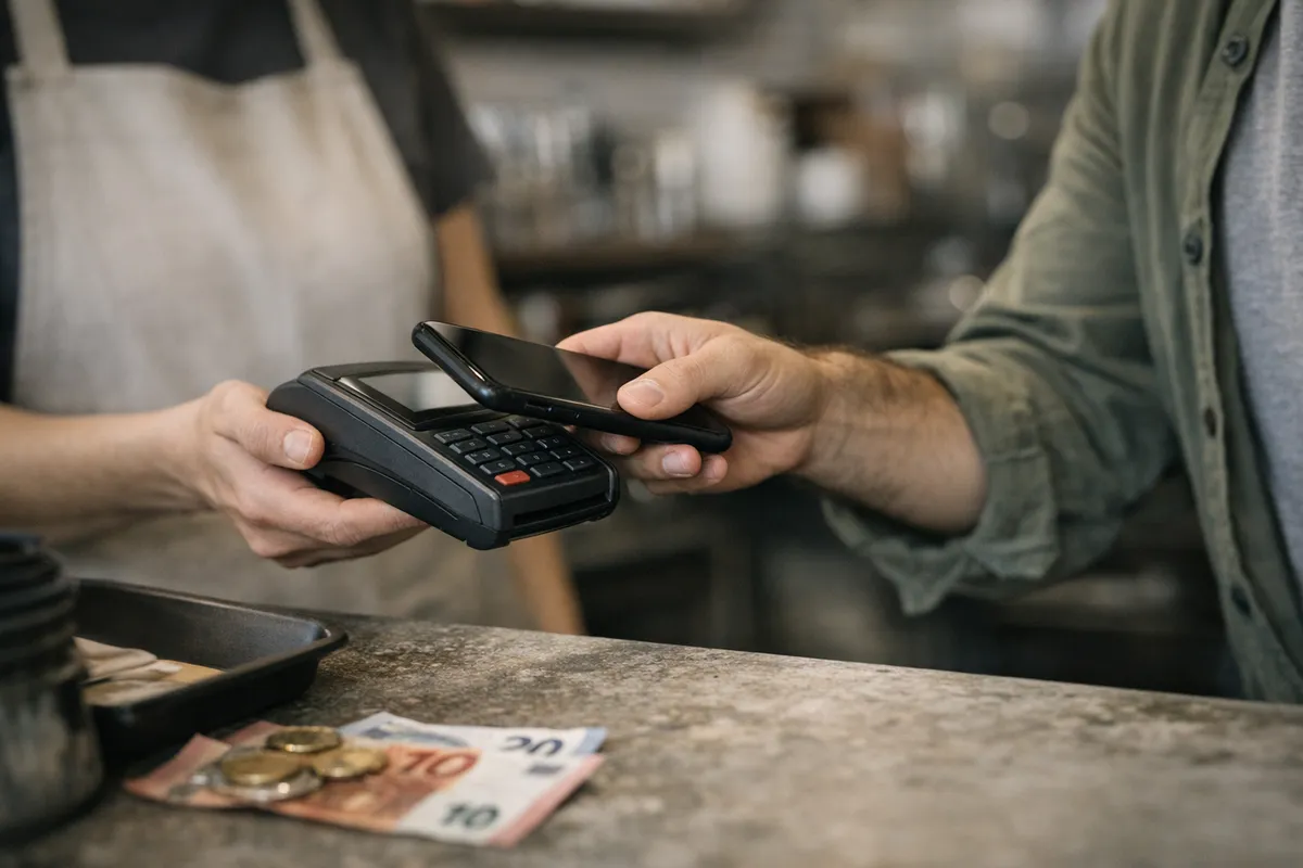 Pagamento contactless con smartphone su POS al bancone, con monete e banconote in euro sul piano