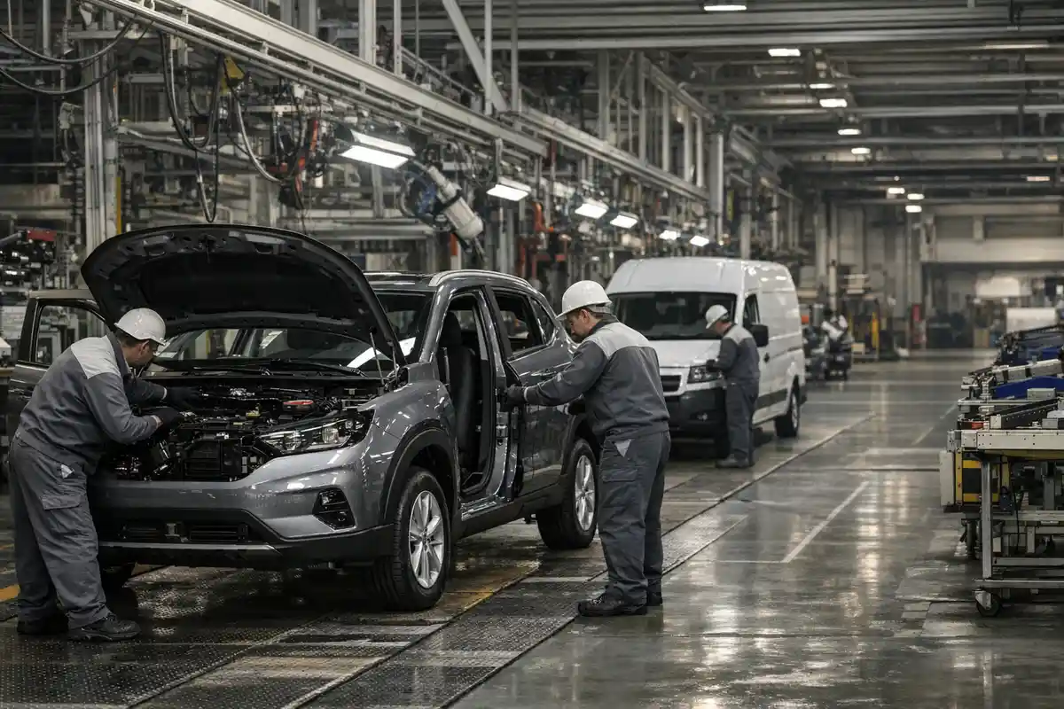 Operai in catena di montaggio assemblano un crossover grigio con cofano aperto, con un furgone sullo sfondo